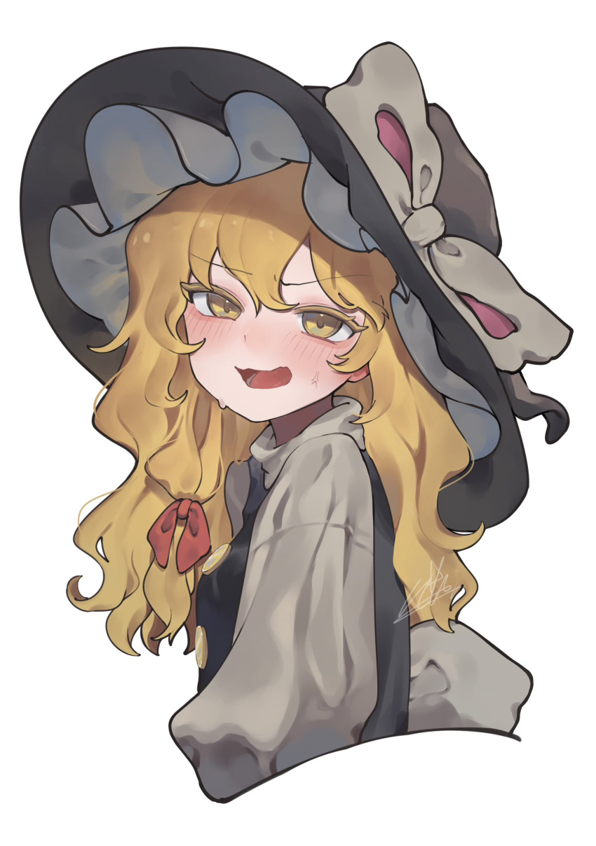 1girl, anger_vein, back_bow, black_hat, black_vest, blonde_hair, blush, bow