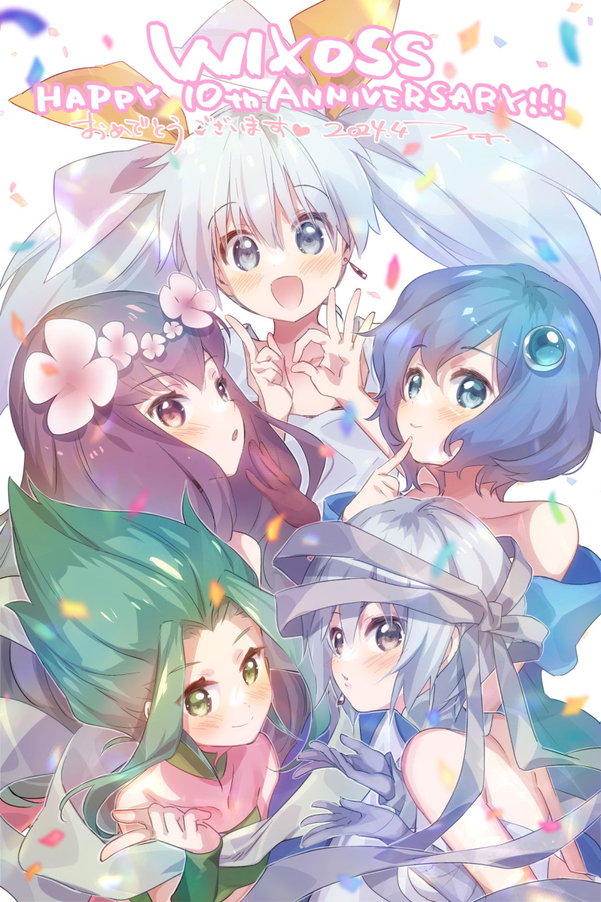 5girls, anniversary, black_hair, blue_dress, blue_eyes, blue_hair, closed_mouth, dress