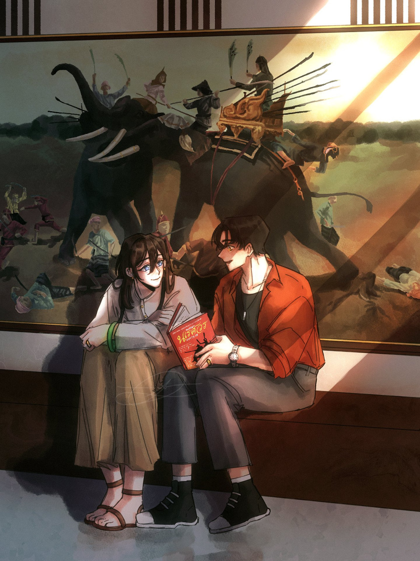 1boy, 1girl, black_hair, black_shirt, blue_eyes, book, character_request, copyright_request, elbows_on_knees, full_body, highres, holding, holding_book, indoors, jacket, jewelry, light_rays, looking_at_another, necklace, open_mouth, painting_(object), red_jacket, sandals, shirt, shoes, short_hair, sidelocks, sitting, slouching, talking, txntentxnten, watch, watch