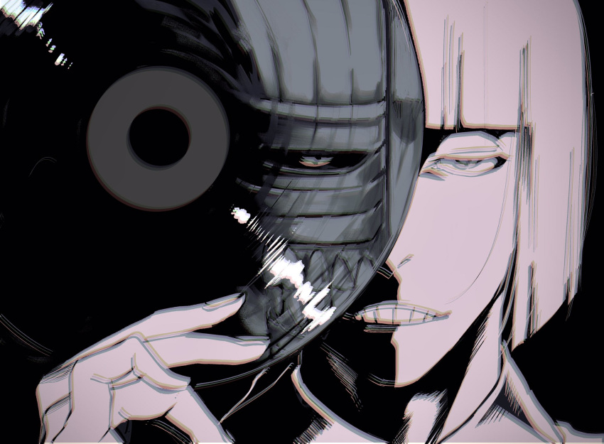 1boy, black_background, bleach, blunt_bangs, blunt_ends, commentary_request, different_reflection, fingernails, greyscale, highres, hirako_shinji, hollow_mask, looking_at_viewer, male_focus, monochrome, reflection, short_hair, siji105, simple_background, solo, vinyl_record
