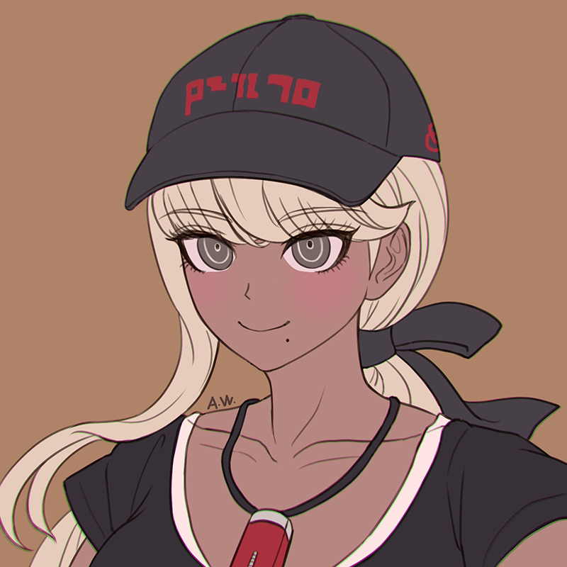 1girl, arthasw, baseball_cap, black_hat, black_ribbon, black_shirt, blonde_hair, blush, brown_background, chromatic_aberration, closed_mouth, collarbone, commentary, dark-skinned_female, dark_skin, eyelashes, flat_color, grey_eyes, hair_ribbon, hat, jewelry, kawana_tsubasa, long_hair, low_ponytail, mole, mole_under_mouth, necklace, ponytail, portrait, ribbon, shirt, short_sleeves, signature, simple_background, smile, solo, symbol-only_commentary, the_hundred_line_-last_defense_academy-, tsurime
