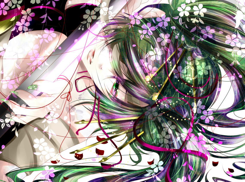 bad_id, bandage, bandages, flower, green_eyes, green_hair, hatsune_miku, highres