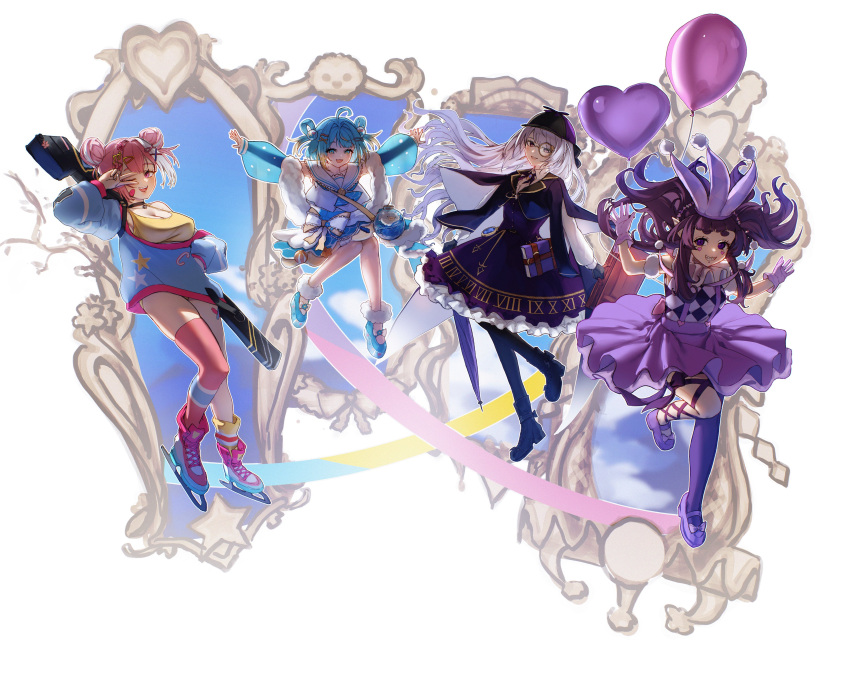 4girls, absurdres, balloon, detached_sleeves, grey_hair, highres, hirano_kokoro_(vtuber), madou_zakura