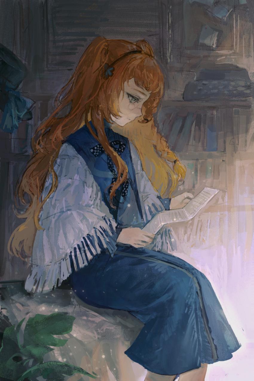 1girl, blue_dress, book, bookshelf, capelet, checkered_ribbon, dress, feet_out_of_frame