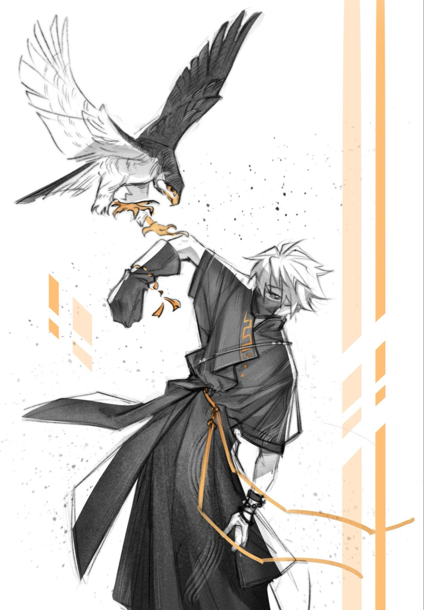 1boy, arm_up, bags_under_eyes, belt_ribbon, bird, black_eyes, black_robe, bracelet, clothing_request, commentary, covered_mouth, english_commentary, falcon, feet_out_of_frame, ghostblade_(to_be_hero_x), grey_stranger, highres, jewelry, leaning_to_the_side, light_particles, looking_at_animal, male_focus, mask, mouth_mask, robe, short_hair, to_be_hero, to_be_hero_x, white_hair