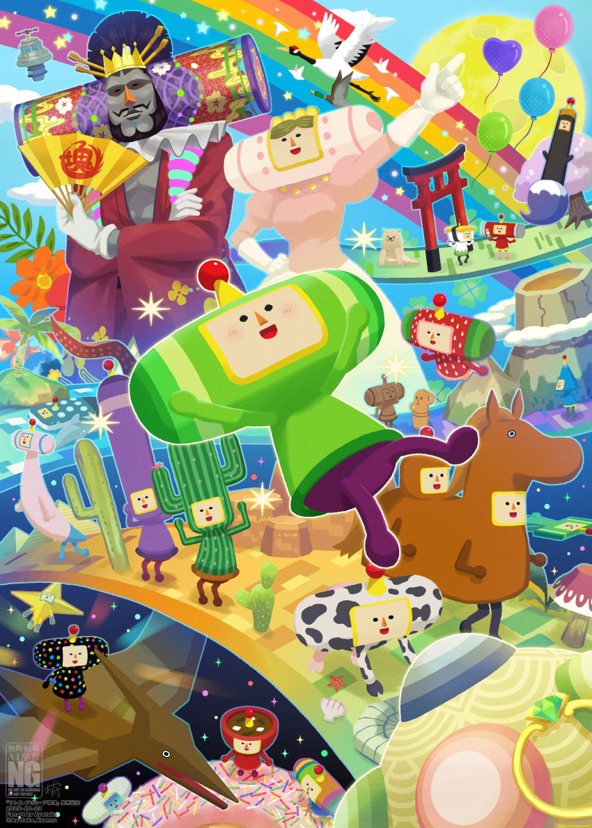 4others, 5girls, 6+boys, :d, absurdres, animal_costume, animal_print, balloon, beyond_(katamari_damacy), bird, black_eyes, blush, cacta_(katamari_damacy), cactus, cactus_costume, clay_(katamari_damacy), clip-clop_(katamari_damacy), clouds, cosmi_(katamari_damacy), cow_print, crown, daisy_(katamari_damacy), dango, dipp_(katamari_damacy), doughnut, flower, folding_fan, food, food_print, fruit_print, fujio_(katamari_damacy), gloves, hand_fan, havana_(katamari_damacy), heart_balloon, highres, holding, holding_fan, holding_food, horse_costume, ichigo_(katamari_damacy), japanese_clothes, juliet_sleeves, katamari, katamari_damacy, kimono, king_of_all_cosmos, long_sleeves, marcy_(katamari_damacy), miso_(katamari_damacy), miso_soup, moon, multiple_boys, multiple_girls, multiple_others, odeko_(katamari_damacy), once_upon_a_katamari, open_mouth, opeo_(katamari_damacy), paintbrush, pink_shirt, pterosaur, puffy_sleeves, pyramid_(structure), queen_of_all_cosmos, radio_antenna, rainbow, red_kimono, sanshoku_dango, seashell, shell, shirt, skirt, slip_(katamari_damacy), smile, star_(symbol), strawberry_print, sushi, tamago_(katamari_damacy), the_prince_(katamari_damacy), torii, touyama_sairi, tree, twinkle_(katamari_damacy), wagashi, whaleson_(katamari_damacy), white_gloves, white_skirt, wide_sleeves