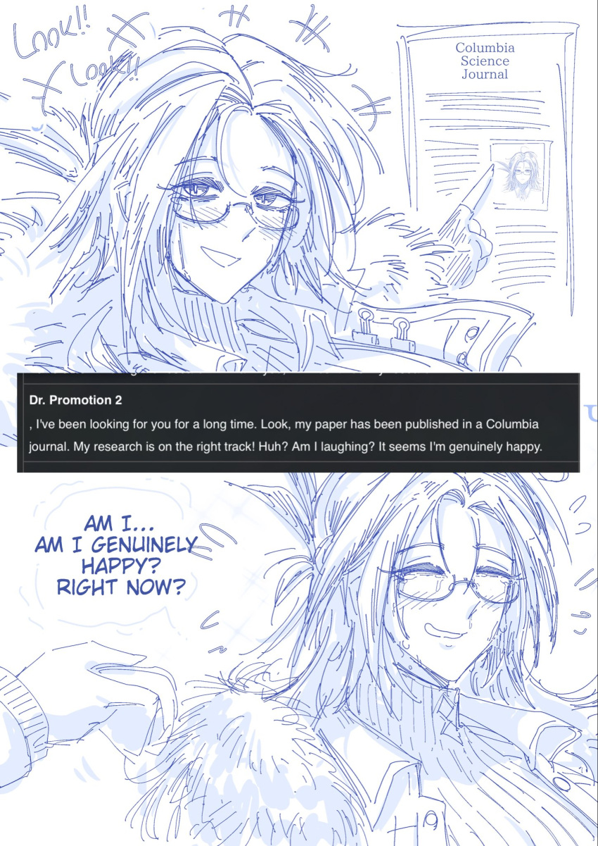 1girl, 1other, arknights, blush, english_text, feathers, fur_trim, glasses