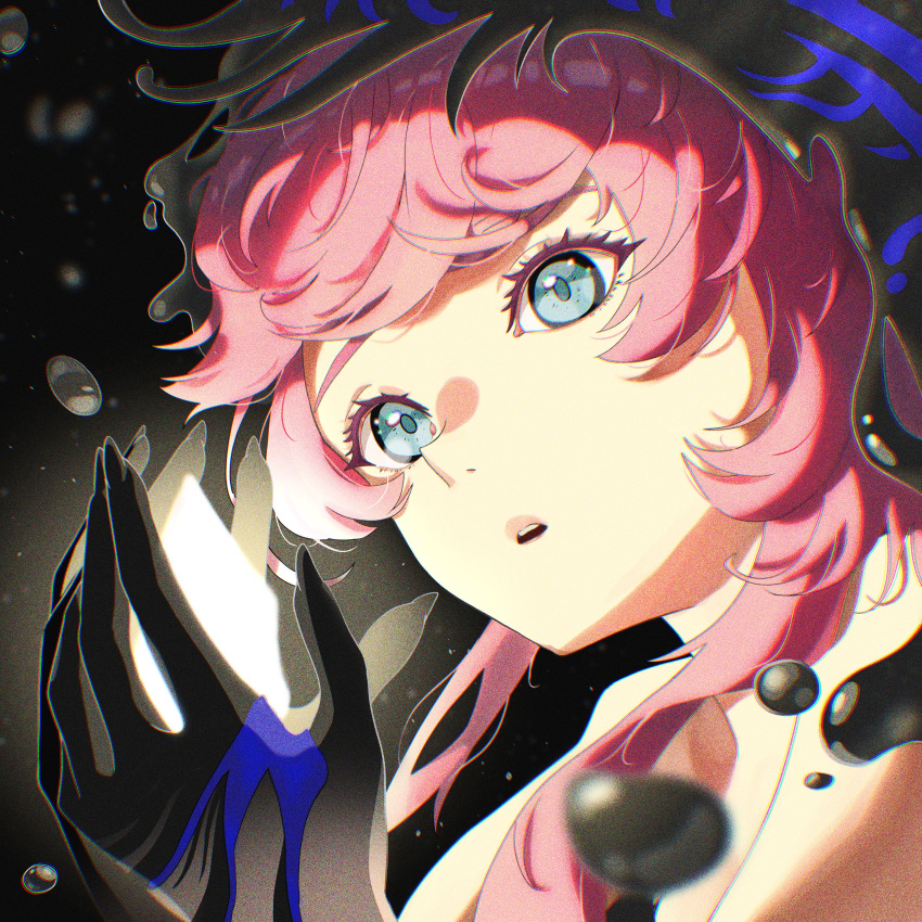 1girl, :o, absurdres, bare_shoulders, black_background, black_hands, black_liquid, black_veil, blue_eyes, blue_veil, colored_extremities, gem, glowing, hands_up, highres, holding, holding_gem, looking_at_object, nautika_(reverse:1999), pink_hair, portrait, ren421, reverse:1999, solo, two-tone_veil, veil