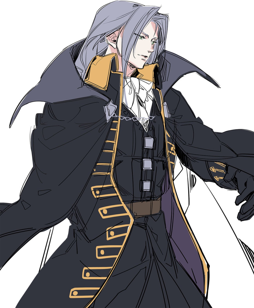 1boy, alternate_costume, alucard_(castlevania), alucard_(castlevania)_(cosplay), black_cloak, black_coat, black_gloves, bow