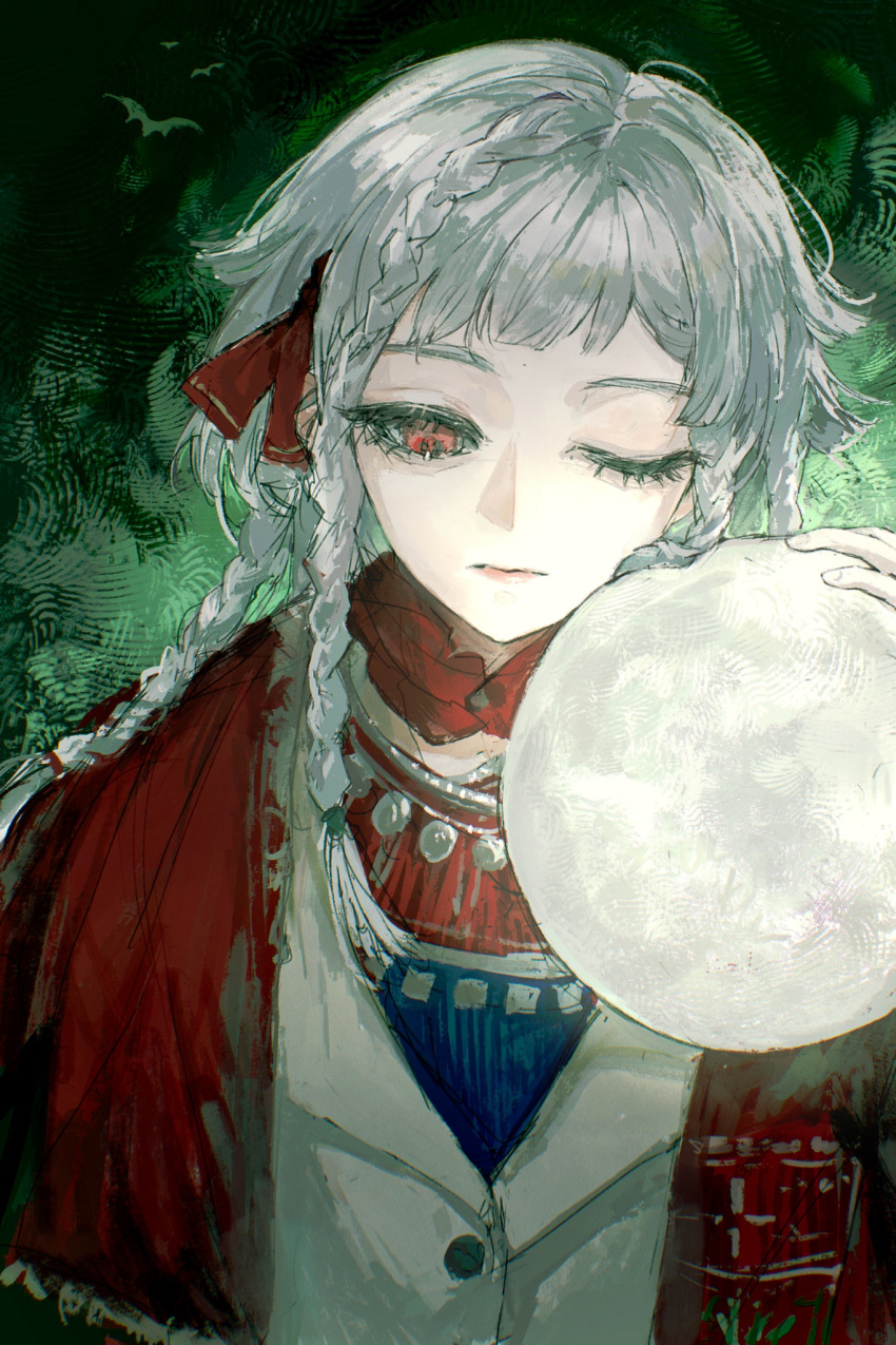 1girl, ;|, ball, cloak, facing_viewer, fuyuyu-pon, green_background, hand_up, highres, holding, holding_ball, jacket, looking_down, multicolored_hair, quad_braids, red_cloak, red_eyes, reverse:1999, rubuska, solo, upper_body, white_hair, white_jacket