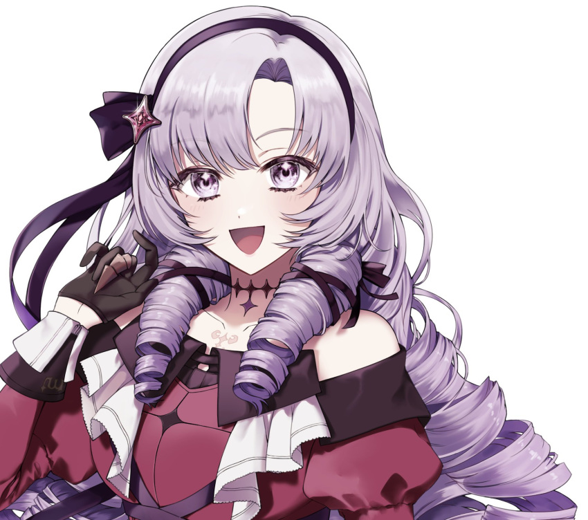 1girl, bare_shoulders, black_gloves, black_hairband, black_ribbon, breasts, choker, dress, drill_hair, gloves, hair_ribbon, hairband, highres, hyakumantenbara_salome, juliet_sleeves, light_blush, long_hair, long_sleeves, medium_breasts, nekoinucutedane, nijisanji, off-shoulder_dress, off_shoulder, open_mouth, parted_bangs, puffy_sleeves, purple_hair, red_dress, ribbon, smile, solo, upper_body, violet_eyes, virtual_youtuber, white_background