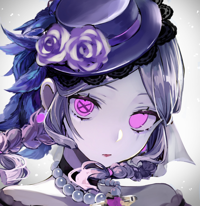 1girl, anne_lester, anne_lester_(hidden), black_choker, braid, choker, cross-shaped_pupils, earrings