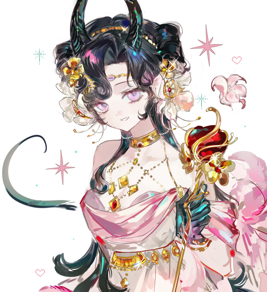 1girl, absurdres, anjo_nala, apple, bare_shoulders, black_gloves, black_hair, black_horns