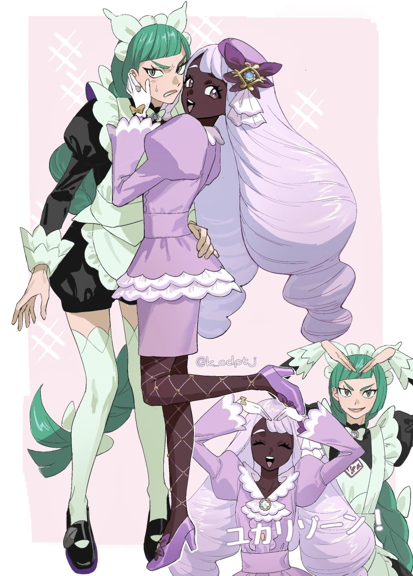 2girls, ^_^, absurdres, apron, arms_up, ascot, black_romper, black_shoes, bow, bowtie, braid, braided_ponytail, brooch, center_frills, character_name, clenched_teeth, closed_eyes, dark-skinned_female, dark_skin, dress, fascinator, fishnet_pantyhose, fishnets, frilled_ascot, frills, frown, full_body, glove_bow, gloves, green_hair, hair_bow, hand_on_another's_hip, hands_on_another's_cheeks, hands_on_another's_face, hands_up, heart_arms, high_heels, highres, jacinthe_(pokemon), jewelry, juliet_sleeves, k_cdptj, lebanne_(pokemon), long_hair, long_sleeves, looking_at_viewer, low_drills, maid_apron, maid_headdress, mary_janes, master_and_servant, multiple_girls, multiple_hair_bows, multiple_views, open_mouth, pantyhose, parted_lips, pokemon, pokemon_legends:_z-a, puffy_sleeves, purple_dress, purple_hair, purple_shoes, romper, shoes, smile, standing, standing_on_one_leg, teeth, thigh-highs, upper_teeth_only, v-shaped_eyebrows, very_dark_skin, very_long_hair, violet_eyes, white_bow, white_bowtie, white_gloves, white_thighhighs, yellow_bow, yuri