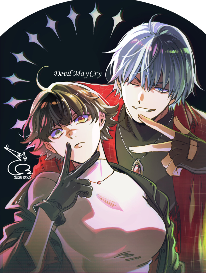 1boy, 1girl, absurdres, baehee5502, black_gloves, black_hair, blue_eyes, copyright_name