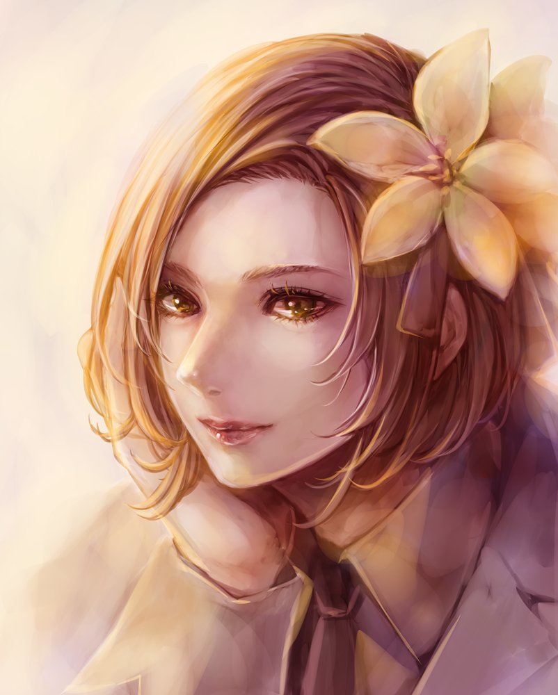 1girl, black_necktie, brown_hair, closed_mouth, collared_shirt, commentary_request, flower, genetic_(ragnarok_online)