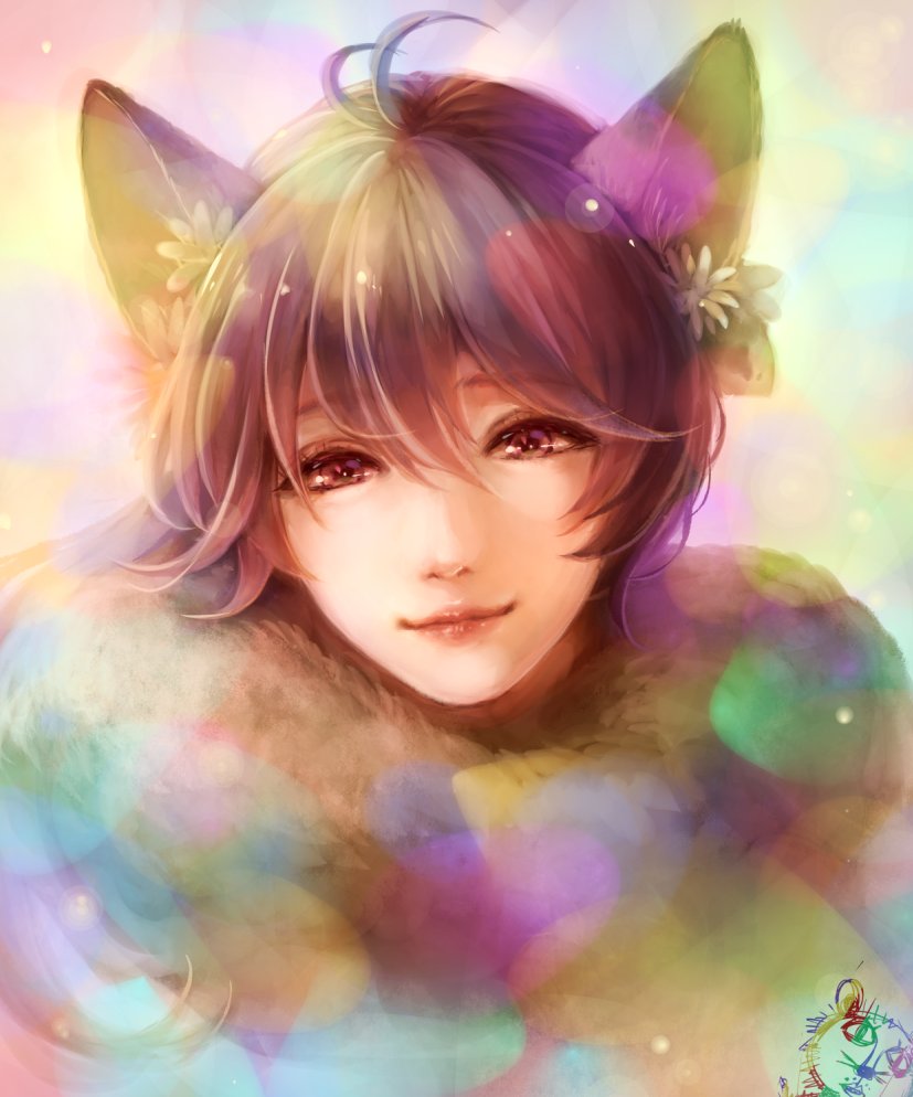 1boy, animal_ears, antenna_hair, brown_eyes, brown_hair, closed_mouth, colorful, commentary_request