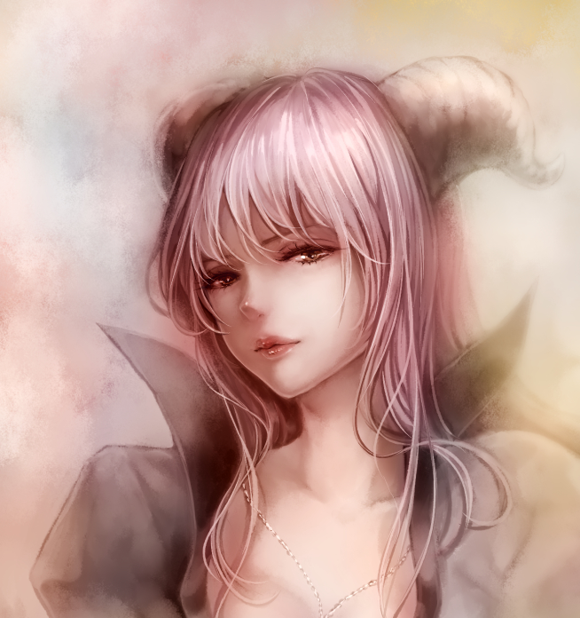 1girl, brown_background, brown_eyes, coat, commentary_request, grey_coat, grey_horns, horns