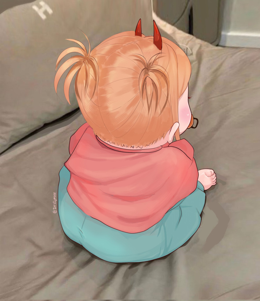 1girl, aged_down, baby, barefoot, blonde_hair, blue_pants, chainsaw_man, demon_horns