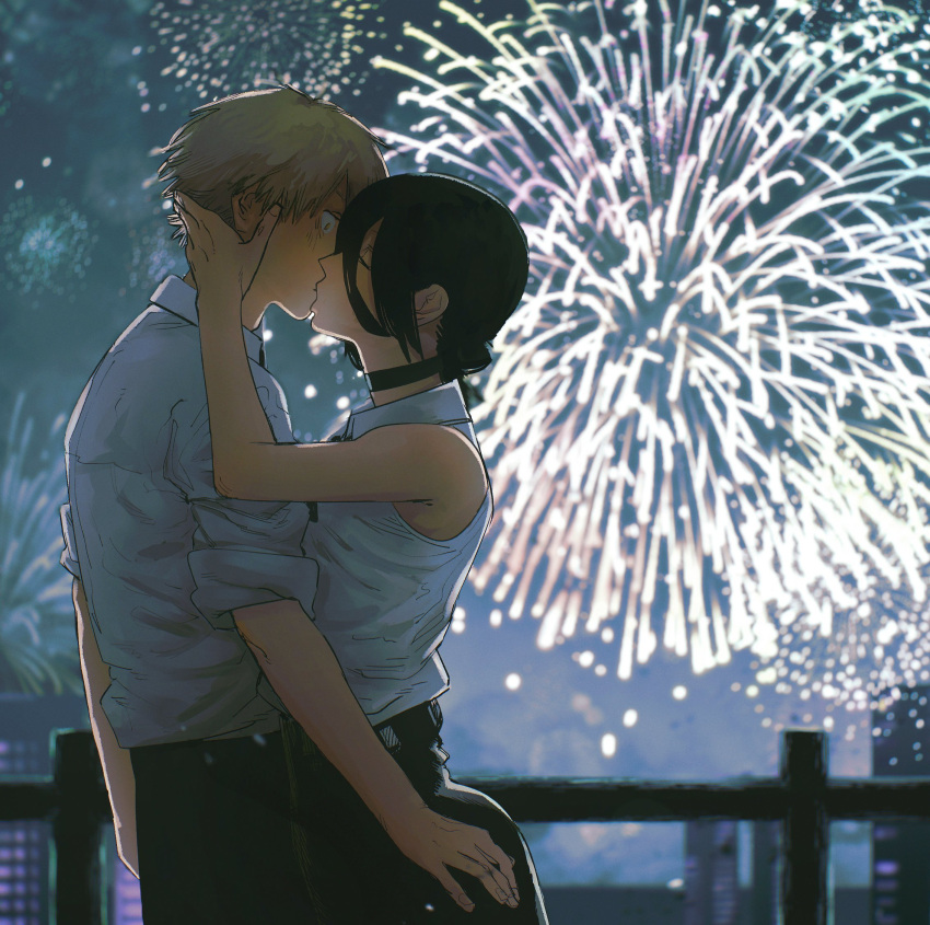 1boy, 1girl, black_choker, black_pants, black_shorts, blonde_hair, chainsaw_man, choker