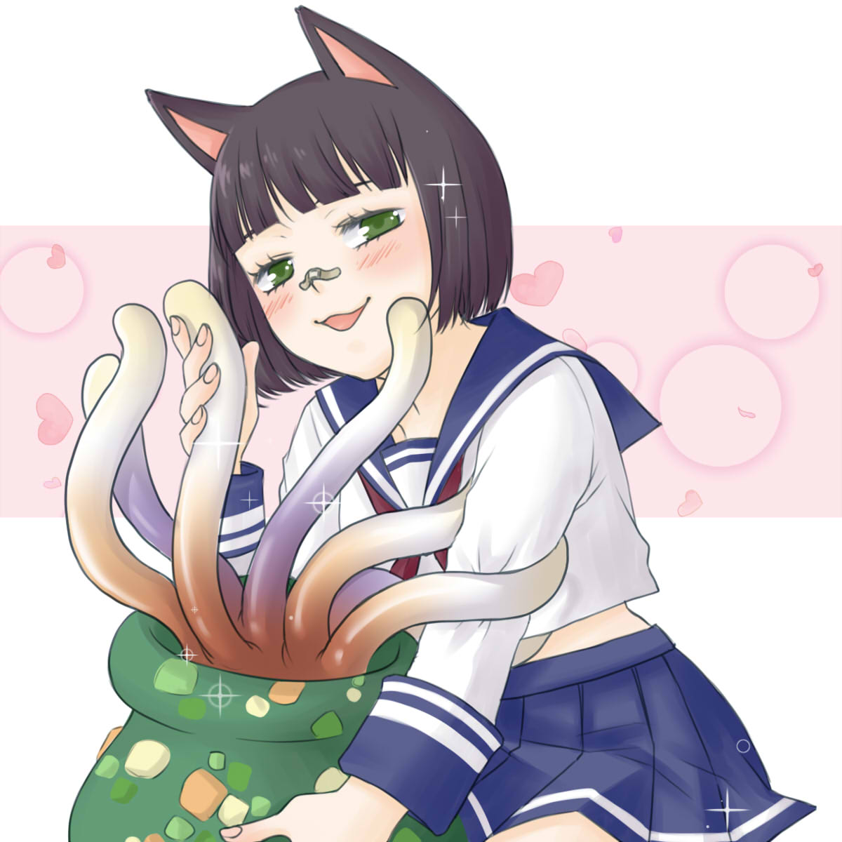 1girl, animal_ears, bandaid, bandaid_on_face, bandaid_on_nose, black_hair, blue_sailor_collar, blue_skirt, blunt_bangs, blush, cat_ears, cat_girl, chima_(iccachima), commentary_request, cowboy_shot, green_eyes, highres, hydra_(ragnarok_online), long_sleeves, looking_at_viewer, open_mouth, ragnarok_masters, ragnarok_online, sailor_collar, school_uniform, serafuku, shirt, skirt, smile, solo, white_background, white_shirt