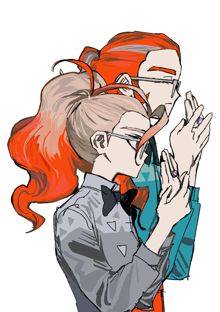 1boy, 1girl, black_bow, black_bowtie, blonde_hair, blue_eyes, bow, bowtie