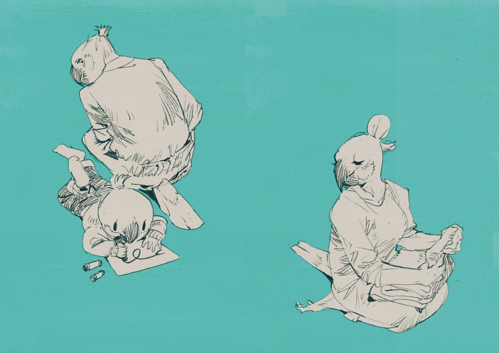 1girl, 2boys, animal_feet, bird, bird_boy, bird_girl, blue_background, child