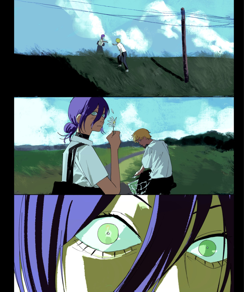 1boy, 1girl, bicycle, black_choker, black_pants, chainsaw_man, choker, clouds