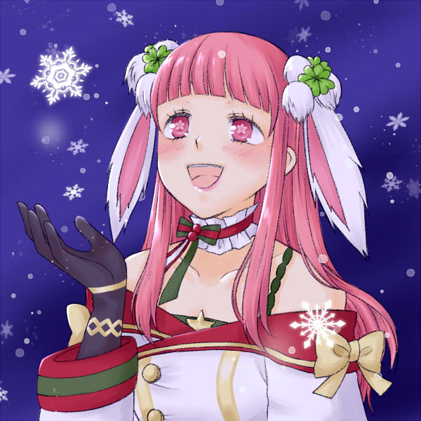 1girl, alternate_costume, black_gloves, blue_background, blunt_bangs, blush, bow, buttons, chima_(iccachima), choker, collarbone, commentary_request, flower-shaped_pupils, frilled_choker, frills, gloves, long_hair, open_mouth, pink_eyes, pink_hair, ragnarok_masters, ragnarok_online, red_choker, sidelocks, smile, snowflakes, snowing, solo, symbol-shaped_pupils, upper_body, yellow_bow