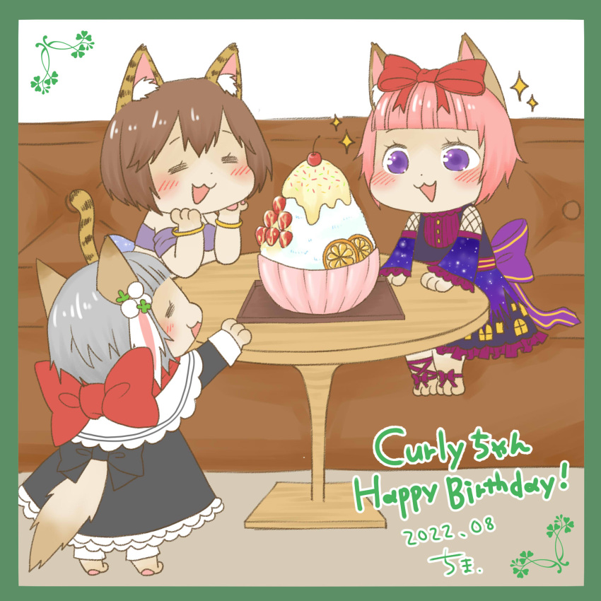 3girls, :3, animal_ear_fluff, animal_ears, black_dress, blunt_bangs, border, bow