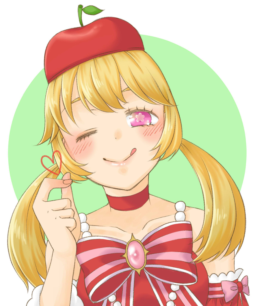 1girl, :q, apple_hat_ornament, blonde_hair, blush, bow, bowtie, brooch