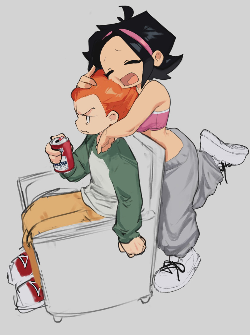 1boy, 1girl, annoyed, beer_can, bra, can, closed_eyes, drink_can