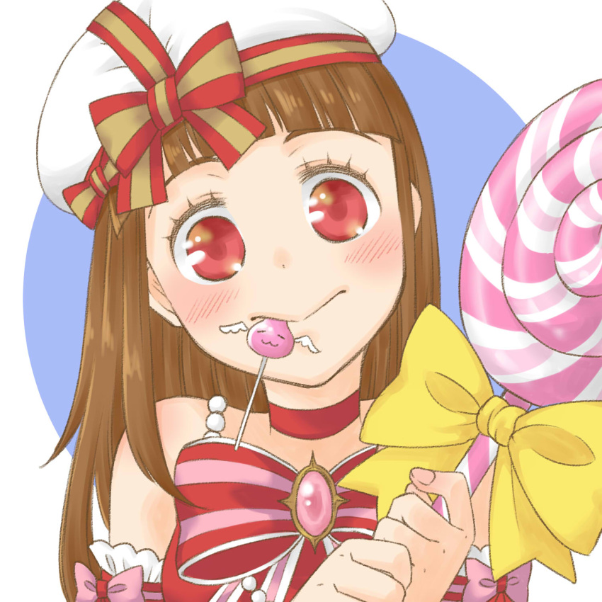 1girl, angeling, beret, blue_background, blunt_bangs, blush, bow, bowtie