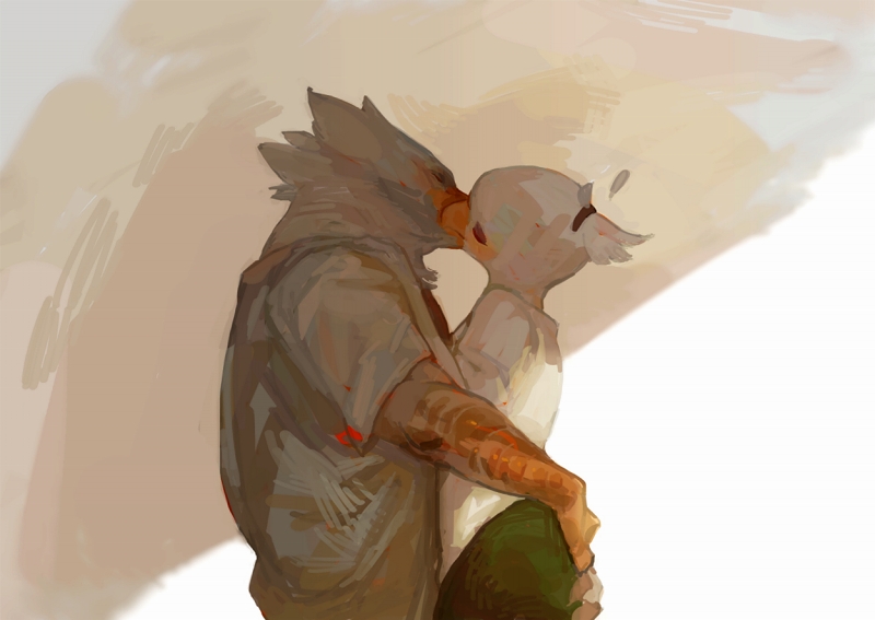 1boy, 1girl, bird_boy, bird_girl, closed_eyes, commentary_request, cowboy_shot, eagle_boy