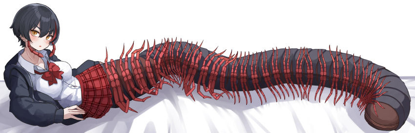1girl, :o, arthropod_girl, black_hair, black_jacket, blush, bow, bowtie, breasts, collared_shirt, commentary_request, compound_eyes, ear_piercing, highres, jacket, large_breasts, long_sleeves, looking_at_viewer, lying, mandibles, millipede_girl, monster_girl, multicolored_hair, on_bed, on_side, original, parted_lips, piercing, plaid_clothes, plaid_skirt, plan_(planhaplalan), red_bow, red_bowtie, red_skirt, red_streaks, shirt, short_hair, skirt, solo, streaked_hair, taur, v-shaped_eyebrows, white_background, yellow_eyes