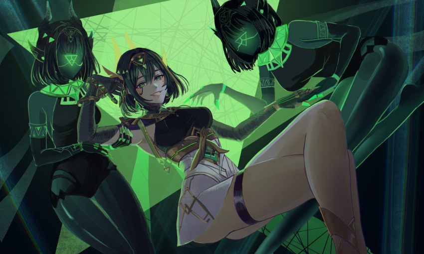 3girls, ancient_egyptian_clothes, antler_ornament, claw_ring, eye_tattoo, finger_claws, gem, genshin_impact