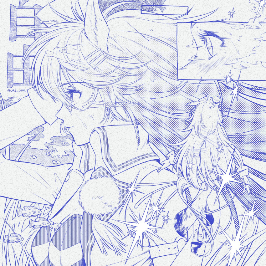 1girl, ahoge, animal_ears, breasts, closed_mouth, fish, hair_between_eyes, hair_ornament, hairclip, hat, highres, horse_ears, horse_girl, horse_tail, jacket, long_hair, long_sleeves, mini_hat, mini_top_hat, monochrome, mr._c.b._(clear_bliss)_(umamusume), mr._c.b._(umamusume), pants, shirt, single_sleeve, single_wrist_cuff, strapless, strapless_shirt, tail, top_hat, umamusume, uri_umu, wrist_cuffs