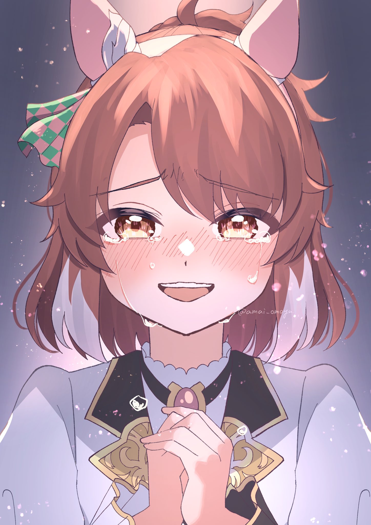 1girl, ahoge, amai_omoyu, animal_ears, blush, brown_eyes, brown_hair, crying, dantsu_flame_(umamusume), ear_covers, highres, horse_ears, horse_girl, jacket, looking_at_viewer, multicolored_hair, open_mouth, shirt, simple_background, smile, solo, tears, teeth, umamusume, upper_teeth_only, white_hair, white_jacket, white_shirt