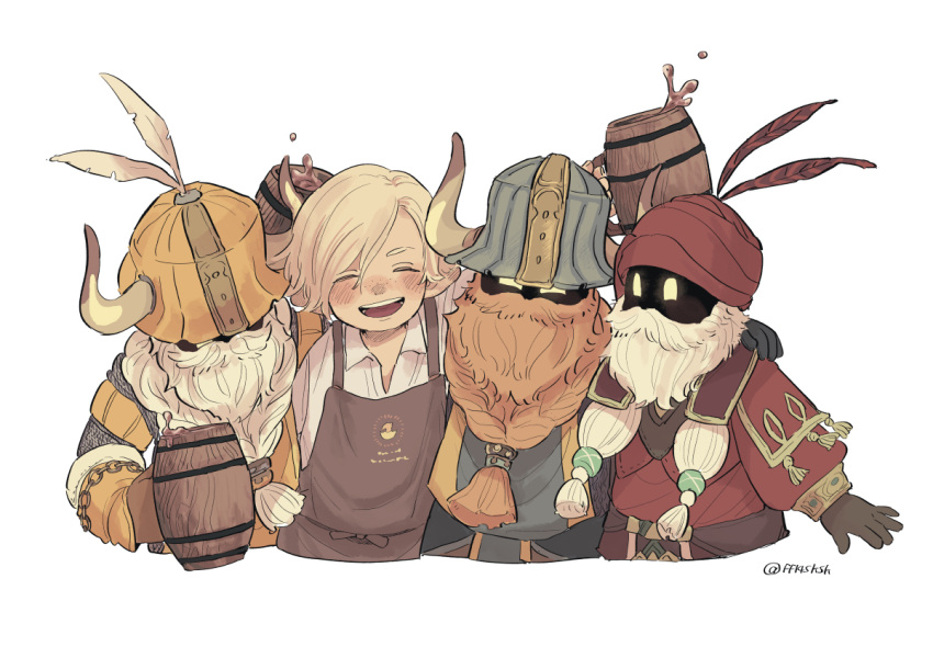 4boys, ano_amesuke, apron, beard, black_gloves, brown_apron, brown_gloves, commentary_request, cup, dwarf_(ff14), facial_hair, fake_horns, final_fantasy, final_fantasy_xiv, freckles, gloves, hat, helmet, holding, holding_cup, horned_helmet, horns, lalafell, male_focus, mug, multiple_boys, open_mouth, pointy_ears, red_hat, smile, tied_beard, twitter_username, warrior_of_light_(ff14), wooden_cup