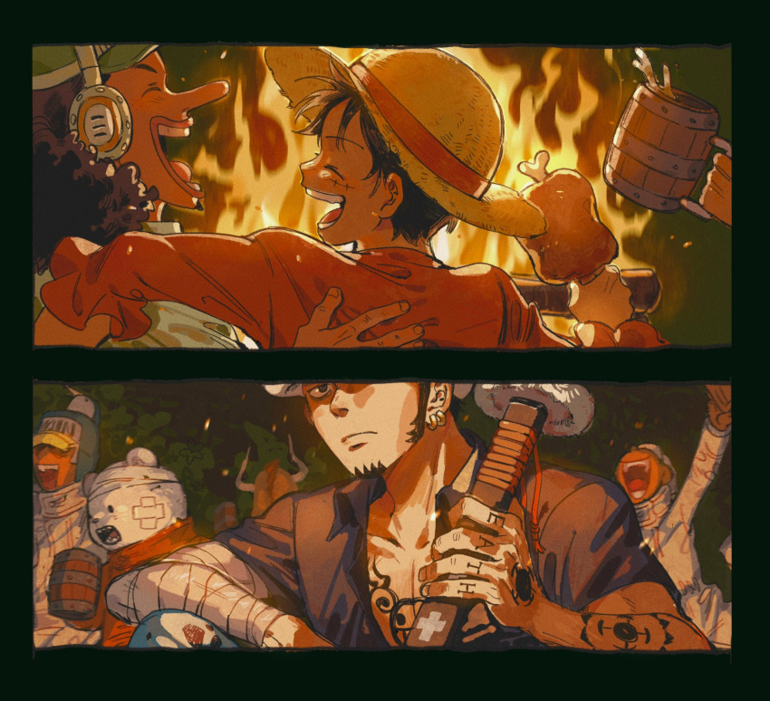 6+boys, arm_around_shoulder, arm_tattoo, arm_up, bepo_(one_piece), black_hair, boned_meat, celebration, chest_tattoo, closed_mouth, coat, cup, curly_hair, earrings, facial_hair, fire, food, goatee, hand_tattoo, happy, hat, headphones, highres, holding, holding_cup, holding_food, holding_sword, holding_weapon, jewelry, long_nose, long_sideburns, looking_at_another, male_focus, meat, monkey_d._luffy, multiple_boys, one_piece, open_mouth, penguin_(one_piece), qwwwwww48423, red_shirt, scar, scar_on_face, shachi_(one_piece), shirt, short_hair, sideburns, straw_hat, sword, tattoo, trafalgar_law, usopp, weapon, white_coat