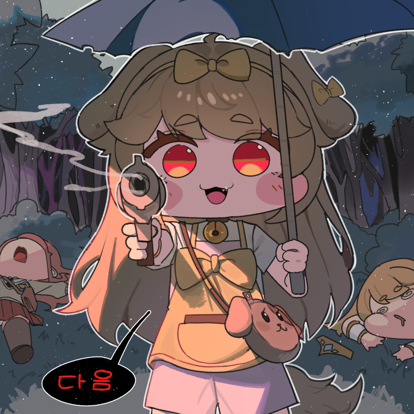 3girls, @_@, absurdres, aiming, aiming_at_viewer, animal_ears, ashur_(trickcal), bag, bell, blush, bow, brown_hair, bush, butter_(trickcal), chibi, chibi_only, curryman_(curryman06), dog_ears, dog_girl, dog_tail, erpin_(trickcal), fang, forest, gun, handgun, highres, holding, holding_umbrella, korean_commentary, korean_text, long_hair, looking_at_viewer, lying, multiple_girls, nature, neck_bell, on_back, outdoors, red_eyes, red_hair, smoke, solo_focus, sparkle, speech_bubble, tail, tiara, translation_request, tree, trickcal, umbrella, weapon