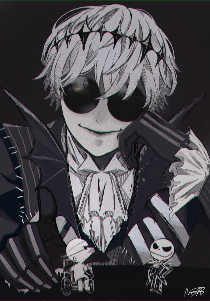 ascot, black_crown, black_gloves, closed_mouth, crown, dr._finkelstein, formal_clothes, gloves, hair_between_eyes, holding, jack_skellington, jacket, long_sleeves, looking_at_viewer, male_focus, mashiru_(5prrtjtyh6zmgpw), multiple_boys, pants, patchwork_clothes, pinstripe_jacket, pinstripe_pants, pinstripe_pattern, pinstripe_suit, pinstripe_vest, round_eyewear, short_hair, simple_background, skeleton, skeleton_print, skully_j._graves, smile, solo, stitches, striped_clothes, striped_jacket, striped_vest, suit, sunglasses, the_nightmare_before_christmas, twisted_wonderland, vertical-striped_clothes, vertical-striped_vest, vest, white_hair