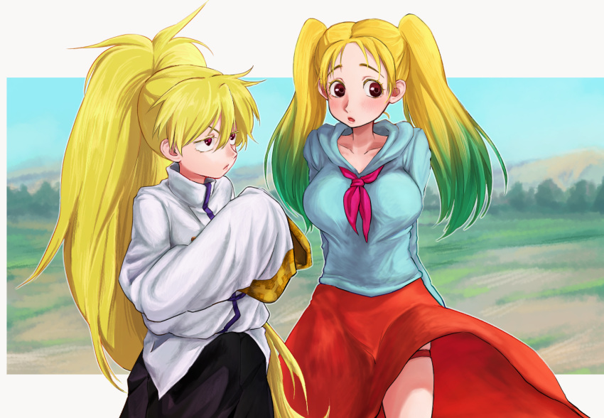 2girls, black_pants, blonde_hair, breasts, brown_eyes, chinese_clothes, commentary_request, ego_t, hair_between_eyes, heion_sedai_no_idaten-tachi, high_ponytail, jacket, long_hair, long_sleeves, multicolored_hair, multiple_girls, pants, paula_(heion_sedai_no_idaten-tachi), ponytail, rin_(heion_sedai_no_idaten-tachi), twintails, two-tone_hair, very_long_hair, white_jacket