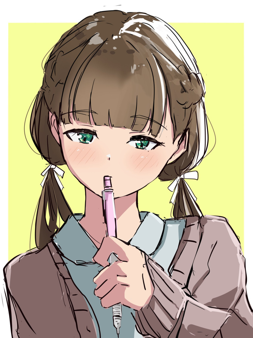1girl, blue_shirt, blush, border, brown_cardigan, brown_hair, cardigan, center-flap_bangs