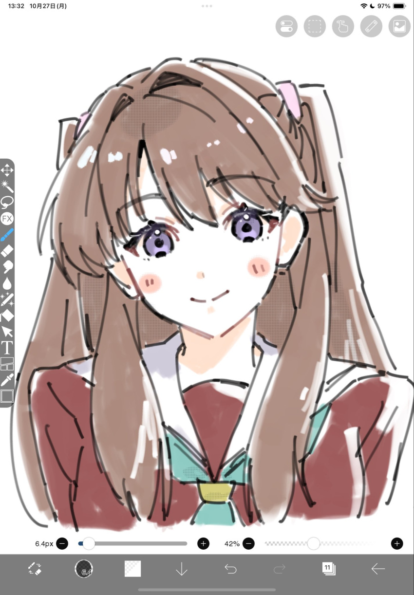 1girl, aqua_neckerchief, art_program_in_frame, blush, brown_dress, brown_hair, closed_mouth, commentary_request