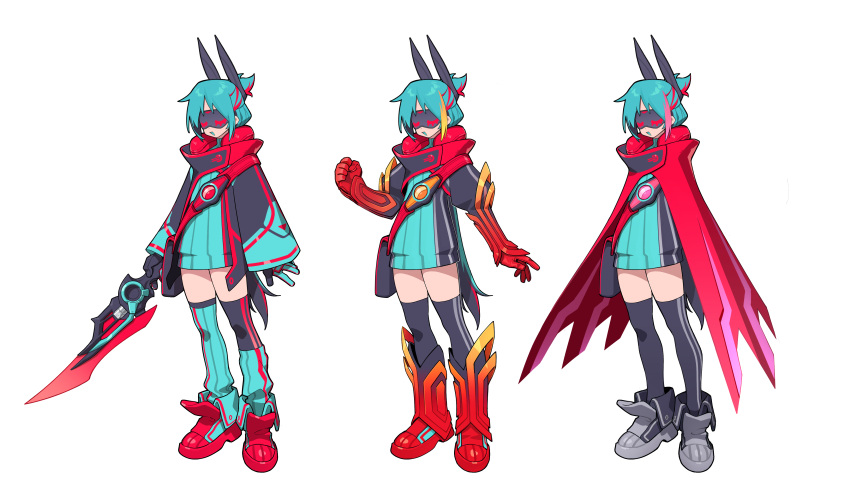absurdres, arms_at_sides, bag, black_hair, black_thighhighs, blonde_hair, boots, breakam_zeztzer, cape, clenched_hand, colored_tongue, commentary, dress, full_body, genderswap, genderswap_(mtf), gloves, goz-zz, green_dress, green_hair, green_tongue, grey_boots, highres, holding, holding_sword, holding_weapon, kamen_rider, kamen_rider_zeztz, kamen_rider_zeztz_(series), long_hair, multicolored_hair, multiple_persona, neck_pillow, open_mouth, pink_hair, red_boots, red_cape, red_hair, rider-tan, rider_belt, satchel, short_dress, simple_background, sleep_mask, standing, sword, thigh-highs, very_long_hair, weapon, white_background, zeztz_driver