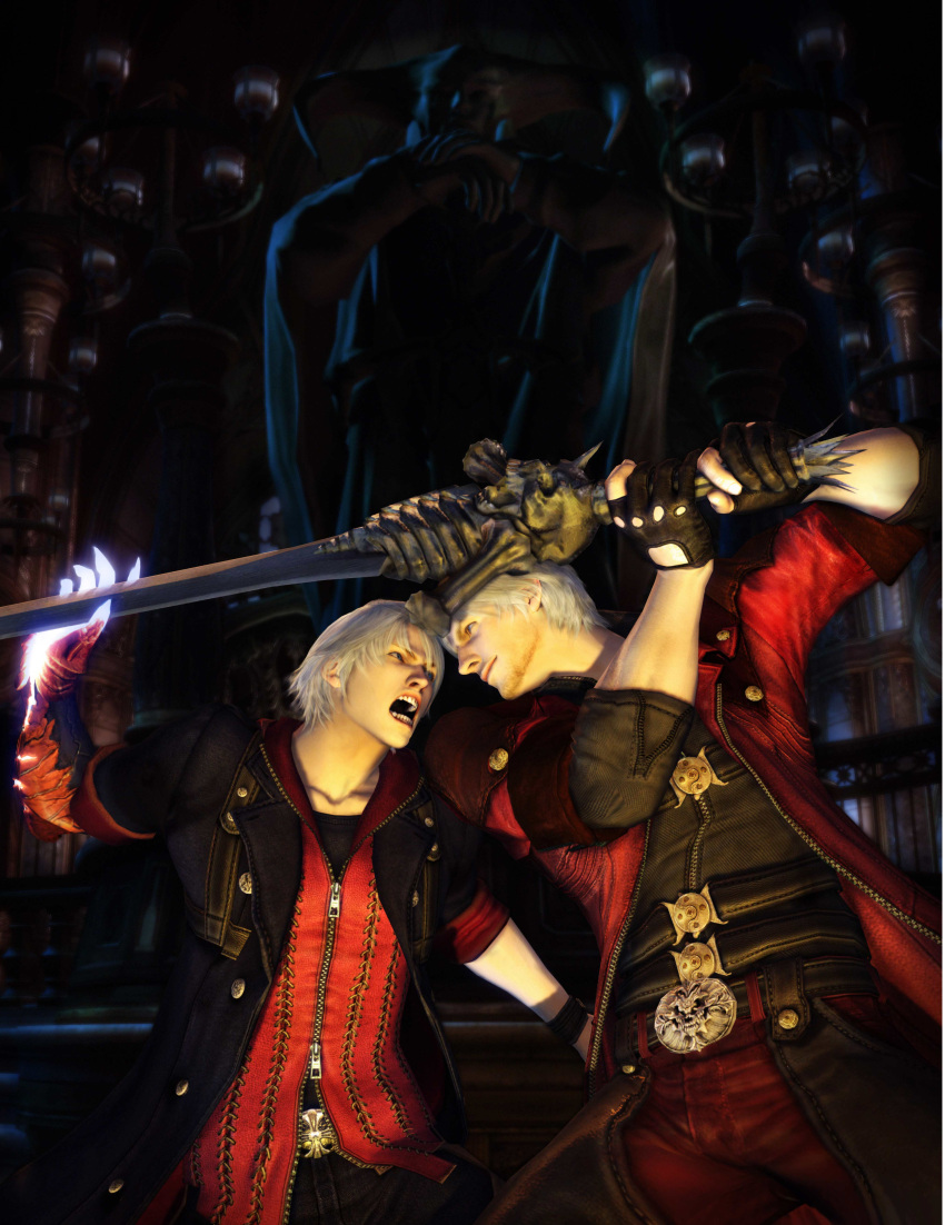 2boys, battle, belt, dante, dante_(devil_may_cry), devil_may_cry, devil_may_cry_(series), fighting