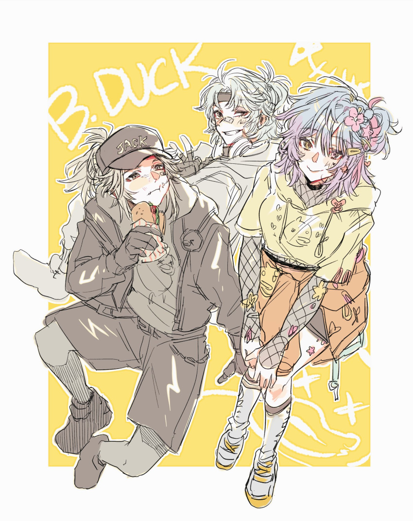 1girl, 2boys, baseball_cap, black_gloves, black_jacket, black_shorts, blue_hair, cropped_hoodie, eating, english_text, facial_mark, fang, fishnet_sleeves, fishnets, flower, full_body, gardenof, gloves, gradient_hair, grey_hoodie, grin, hair_flower, hair_ornament, hairclip, half_updo, hat, headband, headphones, headphones_around_neck, heart, heart_facial_mark, high_side_ponytail, highres, hood, hoodie, identity_v, jacket, kneehighs, looking_at_another, looking_at_viewer, luca_balsa, luca_balsa_(rice), multicolored_hair, multiple_boys, naib_subedar, naib_subedar_(b.duck_style), official_alternate_costume, pale_skin, purple_hair, sandwiched, shoes, short_side_ponytail, shorts, smile, sneakers, socks, vera_nair, vera_nair_(buffy)