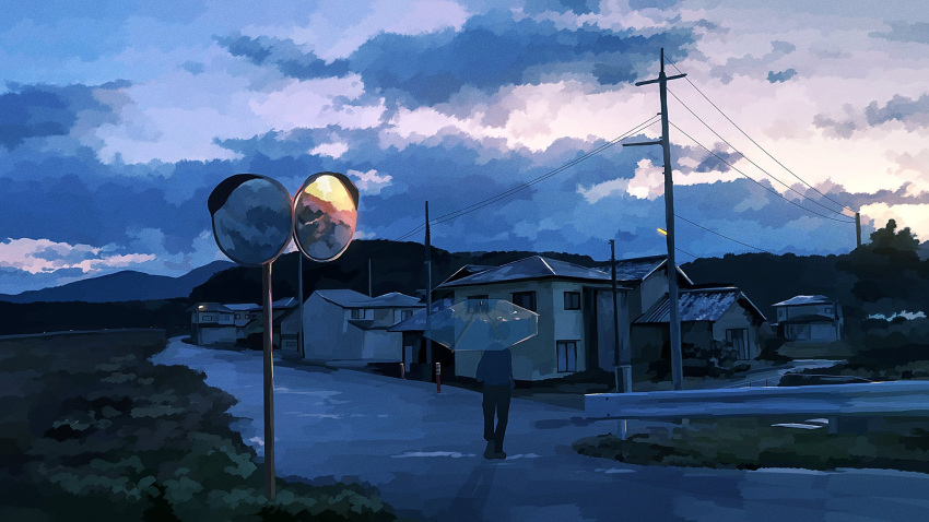 1boy, banakotakemaru, black_pants, building, clouds, cloudy_sky, commentary_request, dusk