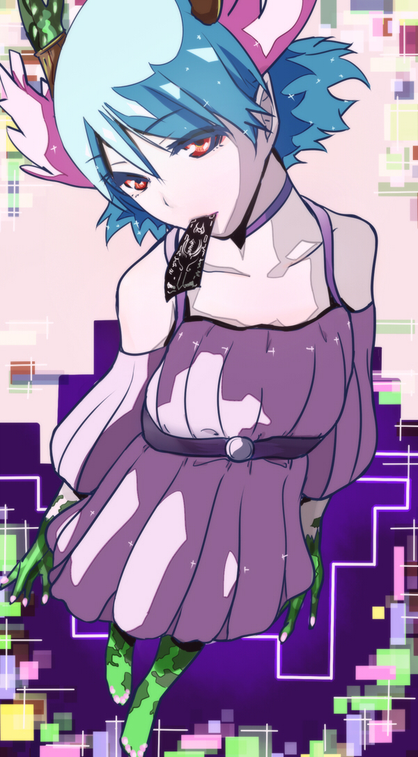 archibald_(adahalt389zp), bare_shoulders, blue_hair, bob_cut, c_(control), c_the_money_of_soul_and_possibility_control, choker, detached_sleeves